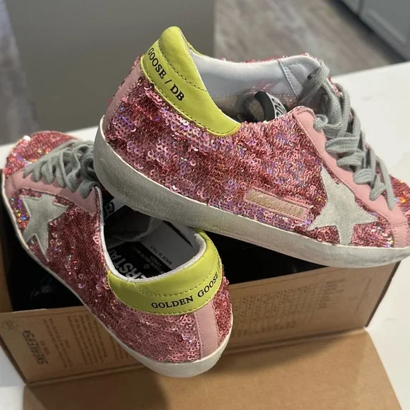 Golden Goose Pink Glitter Sneakers with Gray Star - Picture 1 of 9